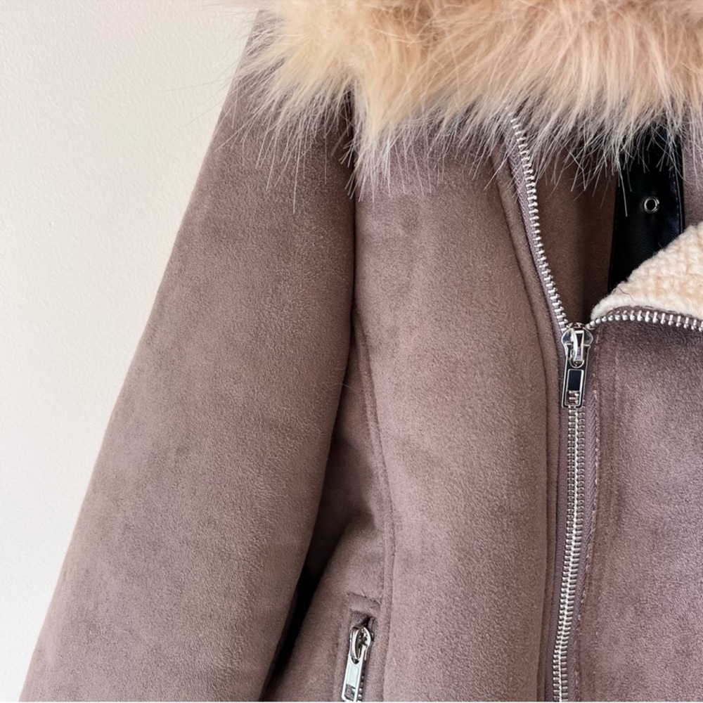 JCL moto faux suede bomber jacket tan light brown teddy sherpa size M - Picture 3 of 15